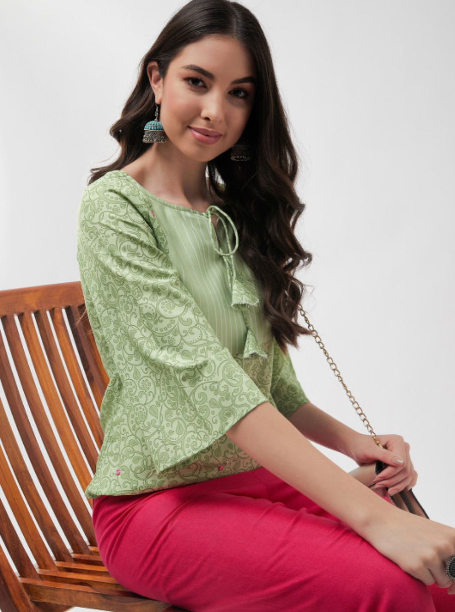 Floral Printed Tie-Up Neck Flared Sleeve Top - Image 4