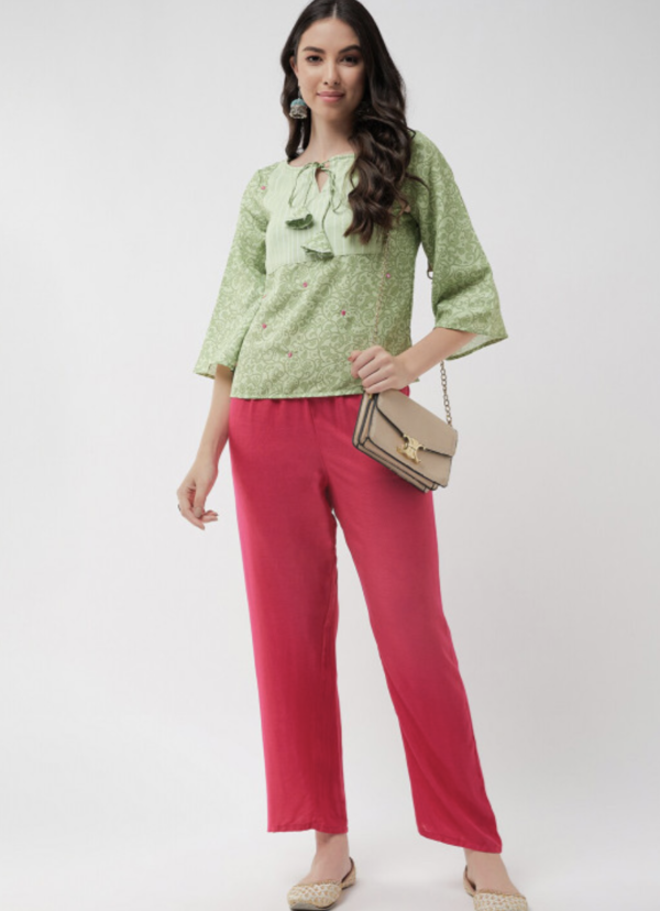 Floral Printed Tie-Up Neck Flared Sleeve Top