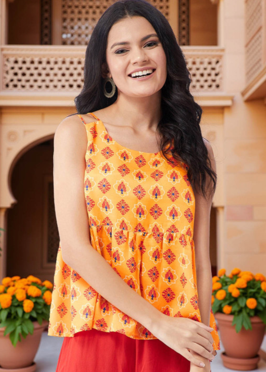 Ethnic Motifs Printed Round Neck A-Line Top - Image 1