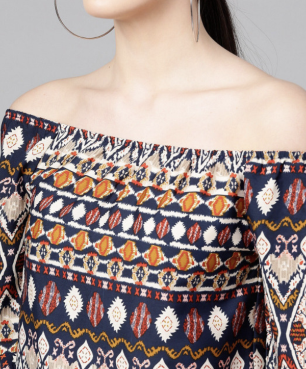 Tribal Printed Off-Shoulder Flared Sleeve Bardot Top