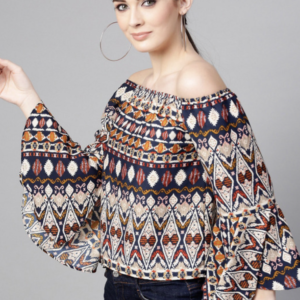 Tribal Printed Off-Shoulder Flared Sleeve Bardot Top - Image 3