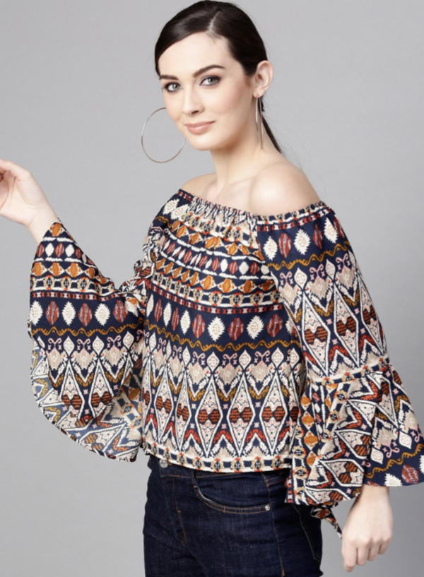 Tribal Printed Off-Shoulder Flared Sleeve Bardot Top