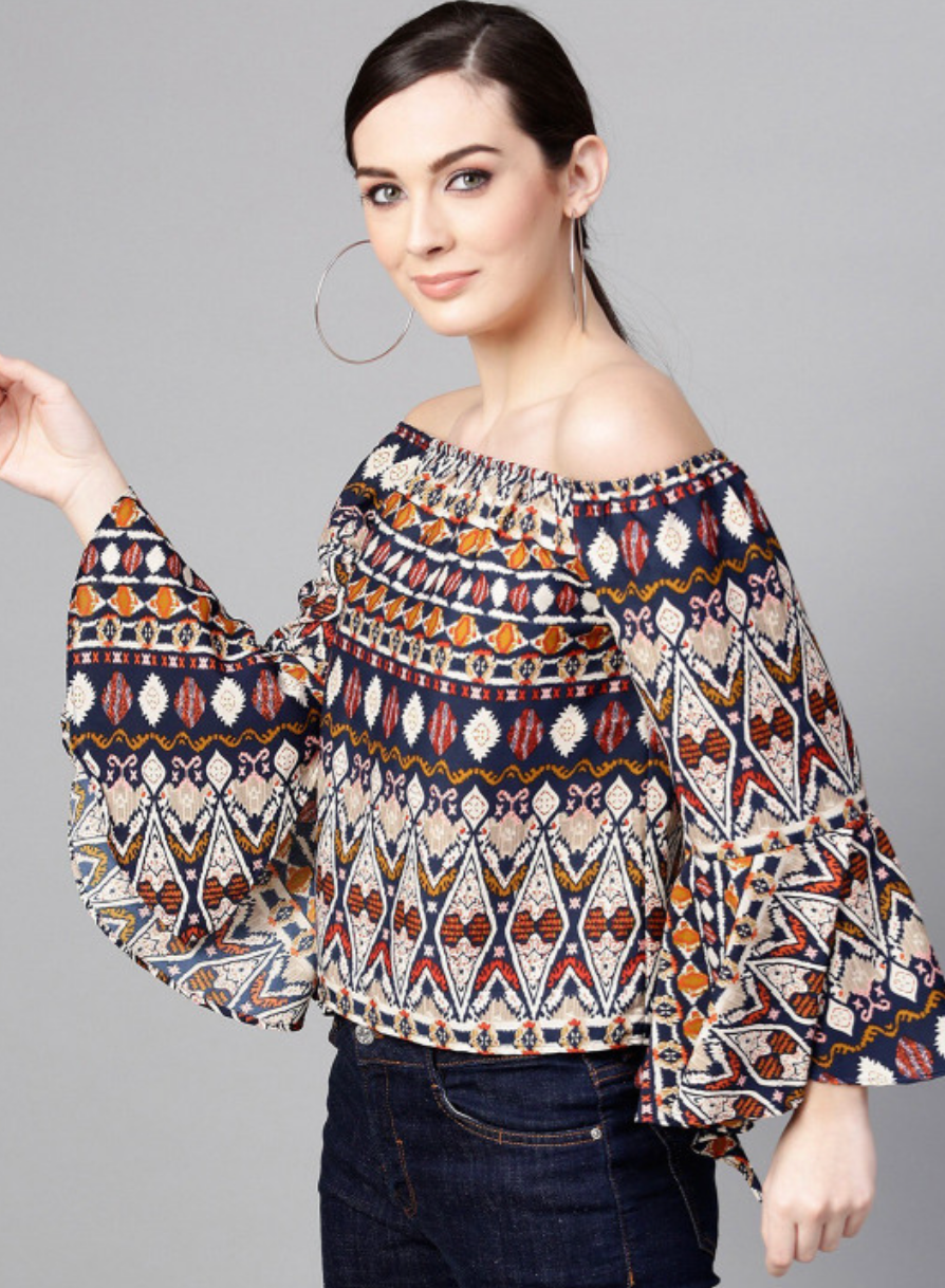 Tribal Printed Off-Shoulder Flared Sleeve Bardot Top - Image 3
