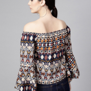 Tribal Printed Off-Shoulder Flared Sleeve Bardot Top - Image 4