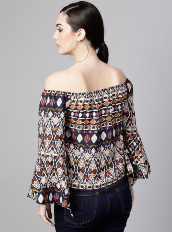 Tribal Printed Off-Shoulder Flared Sleeve Bardot Top