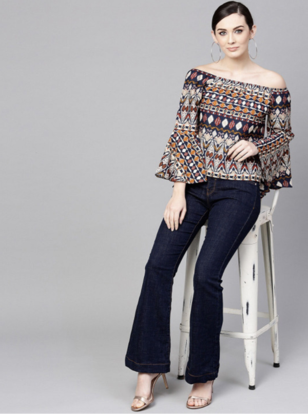 Tribal Printed Off-Shoulder Flared Sleeve Bardot Top