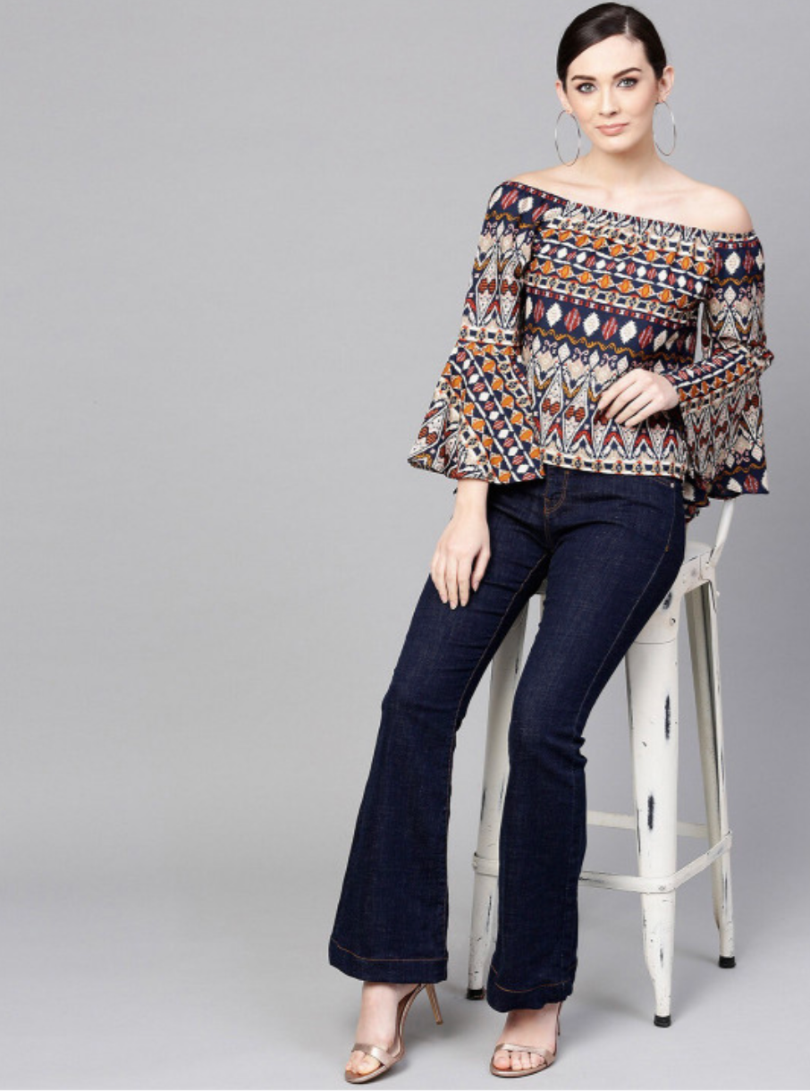 Tribal Printed Off-Shoulder Flared Sleeve Bardot Top - Image 5
