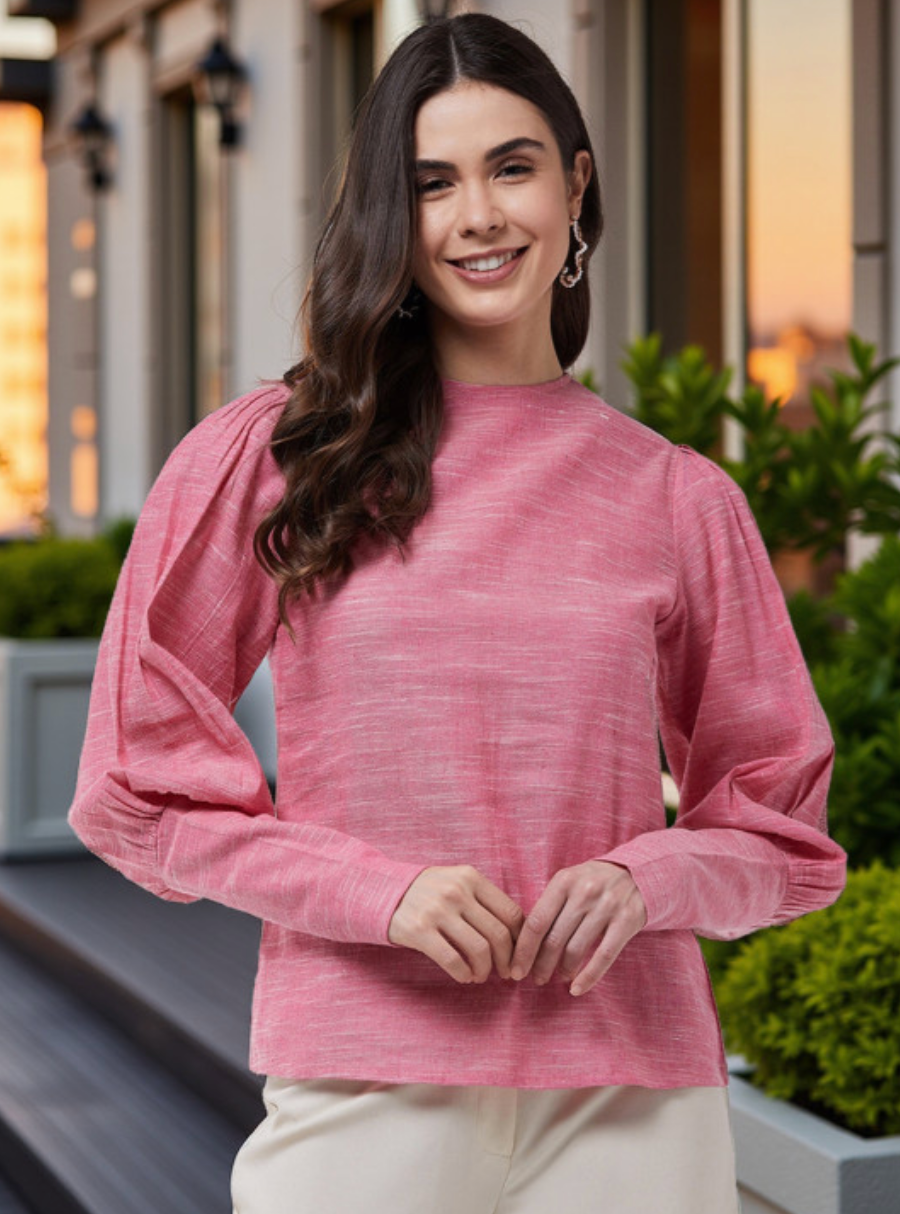 High Neck Puff Sleeves Cotton Top - Image 1