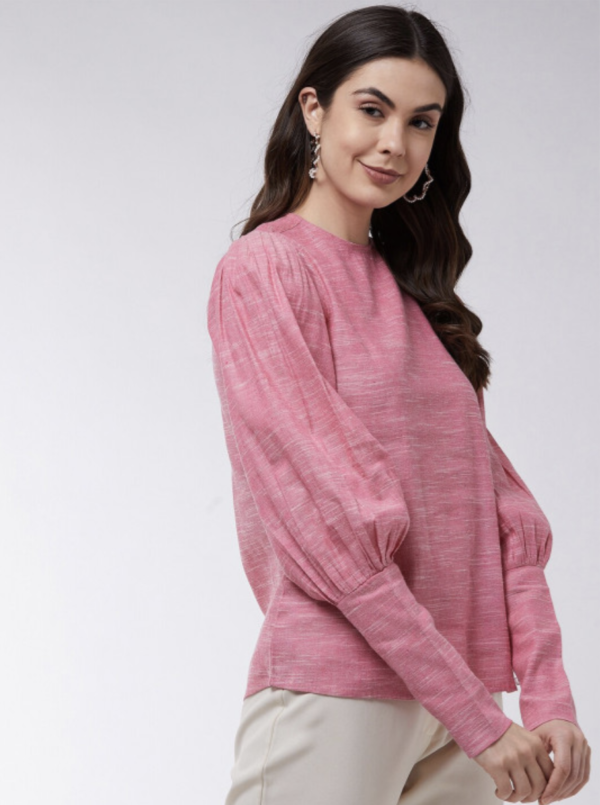 High Neck Puff Sleeves Cotton Top