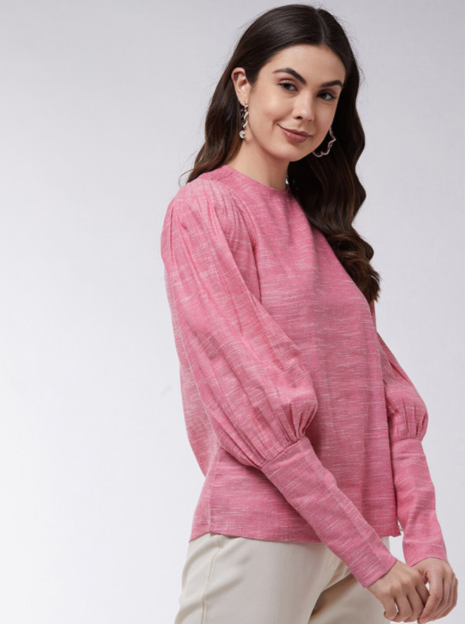 High Neck Puff Sleeves Cotton Top - Image 2