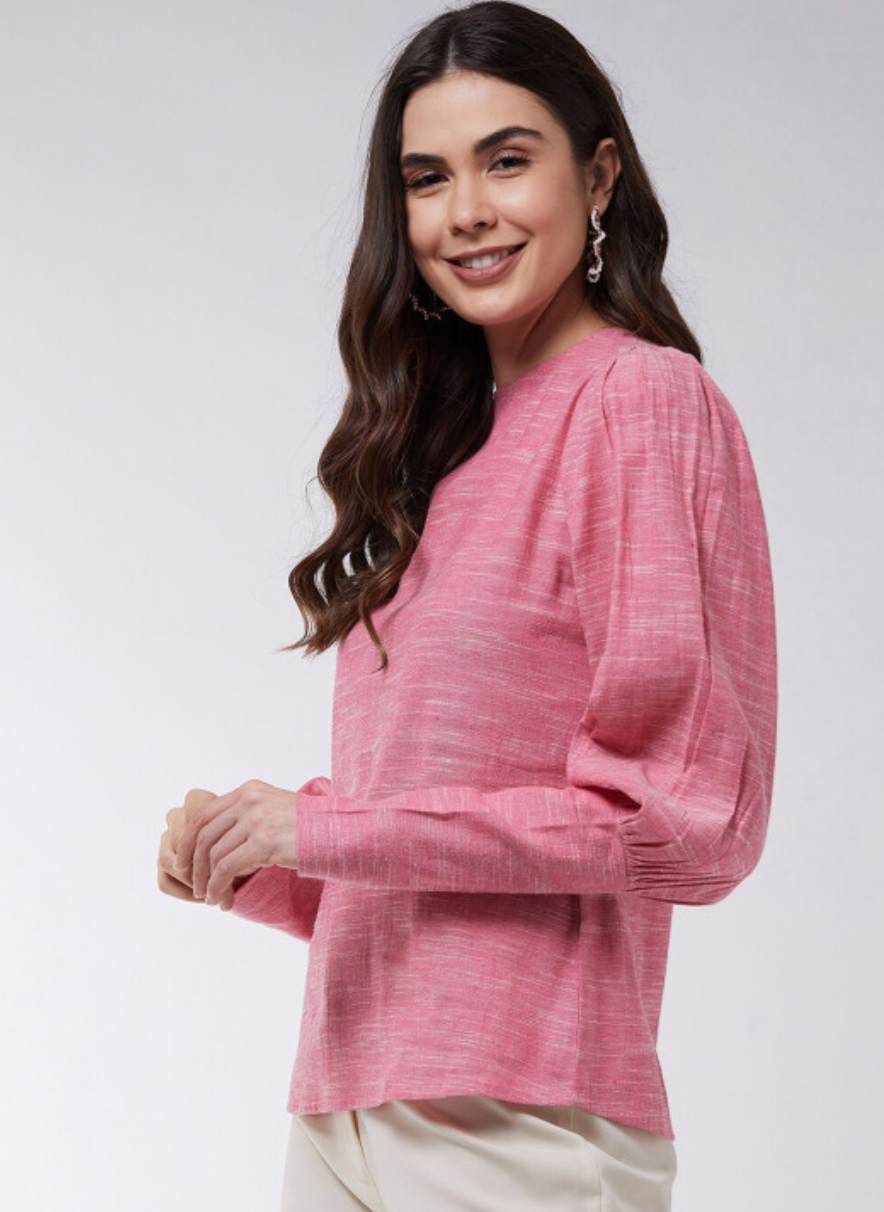 High Neck Puff Sleeves Cotton Top - Image 3