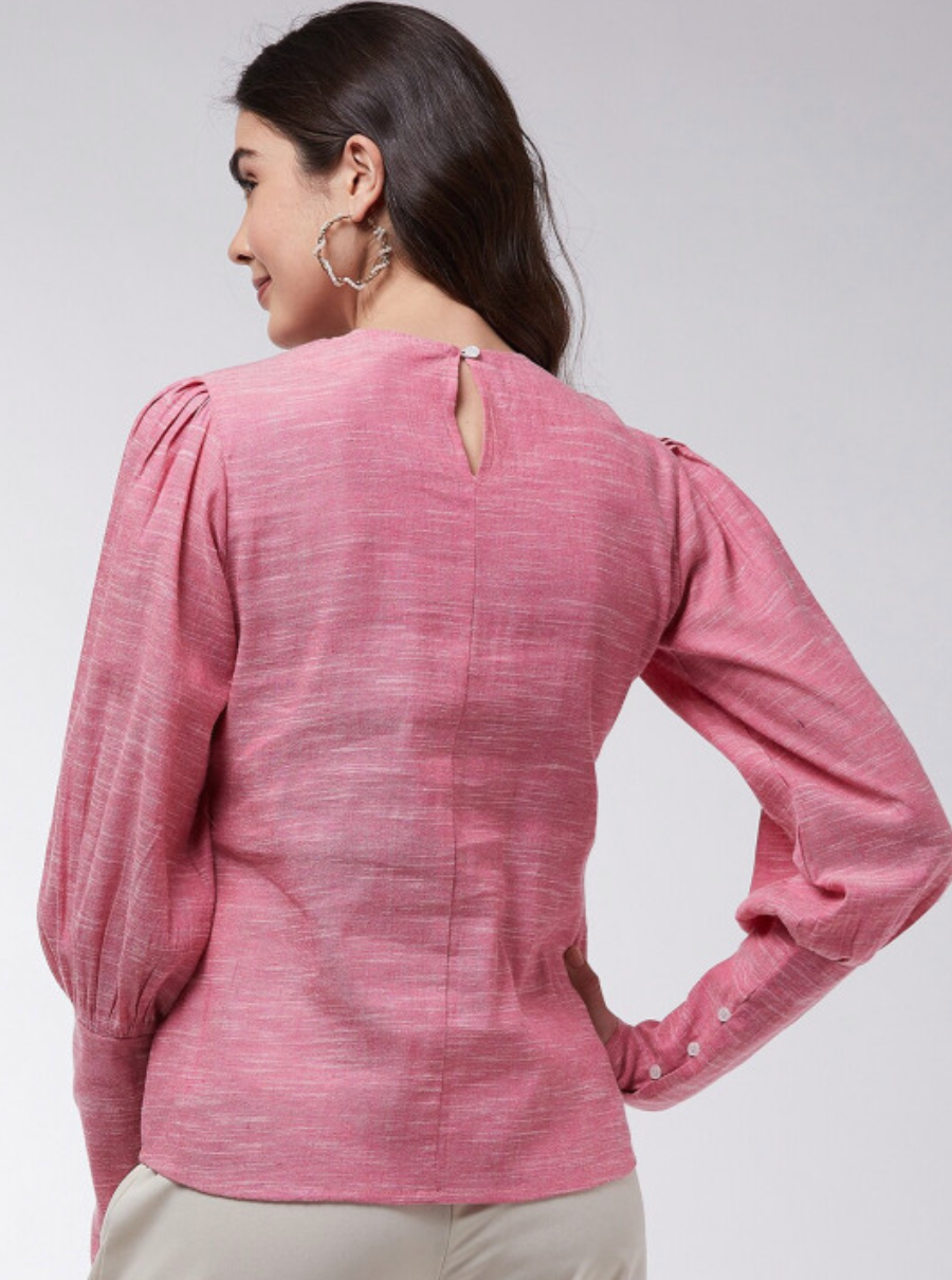 High Neck Puff Sleeves Cotton Top - Image 4